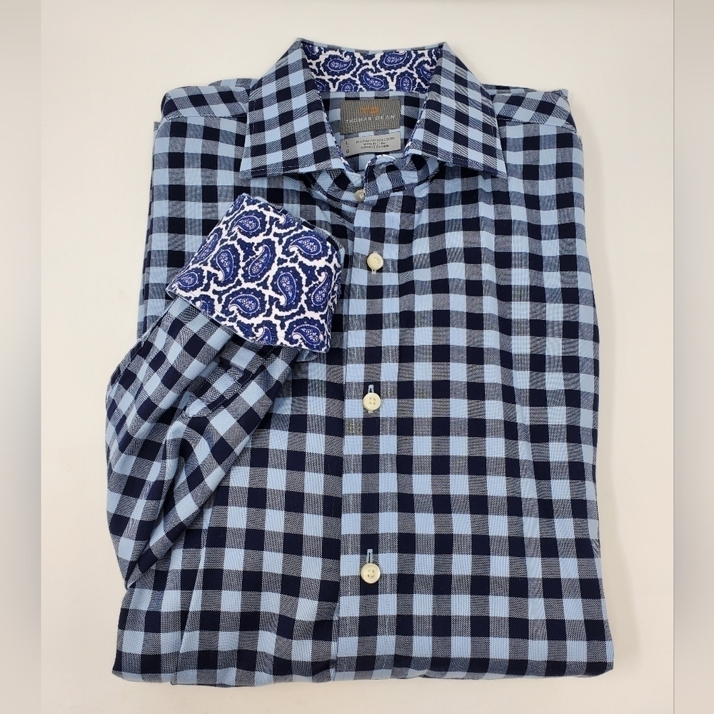 THOMAS DEAN BUTTON UP BLUE PLAID SHIRT TOP FLIP CUFFS BLUE PAISLEY MEN LARGE
